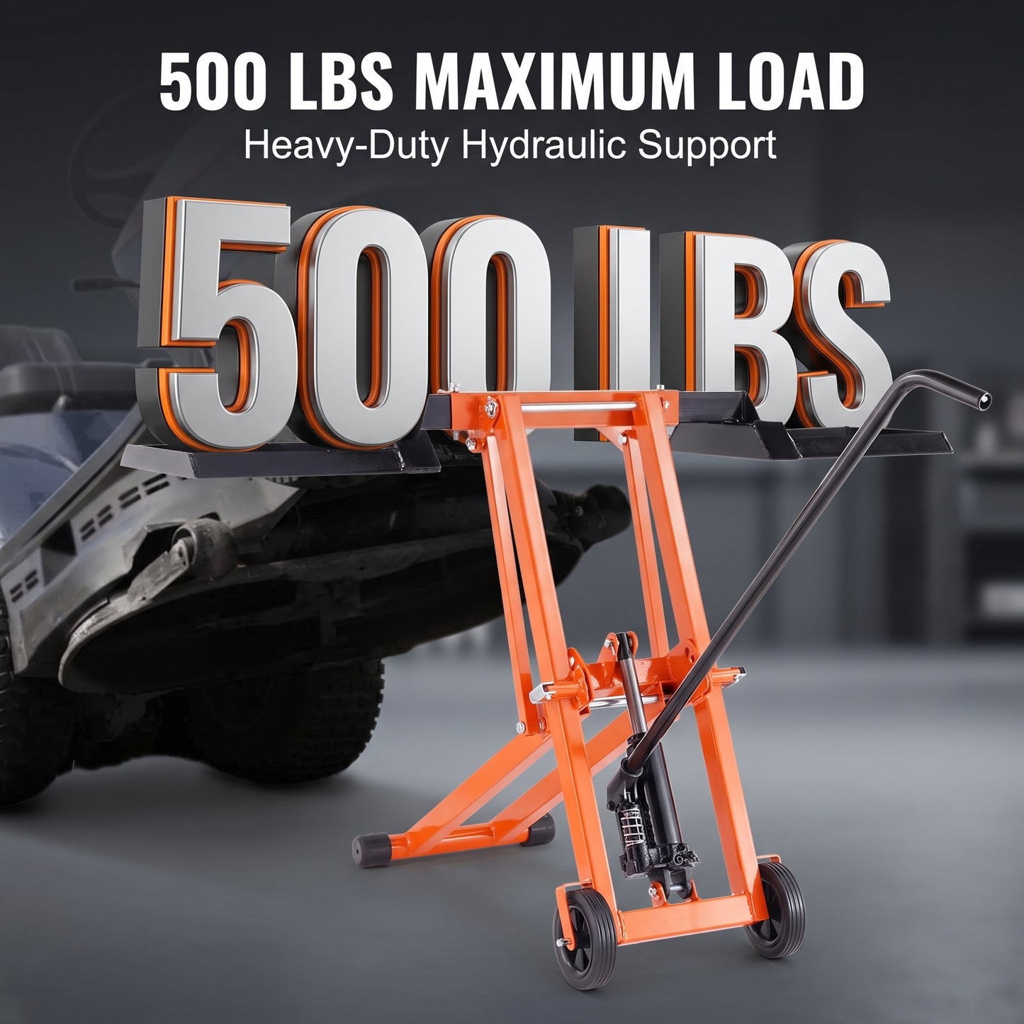 Lawn Mower Lift with Hydraulic Jack, 500 Lbs Weight Capacity, Solid Carbon Steel Lawn Mower Lift, Adjustable Movable Lawn Lifter for Riding Tractors and Zero Turn Lawn Mowers, Orange