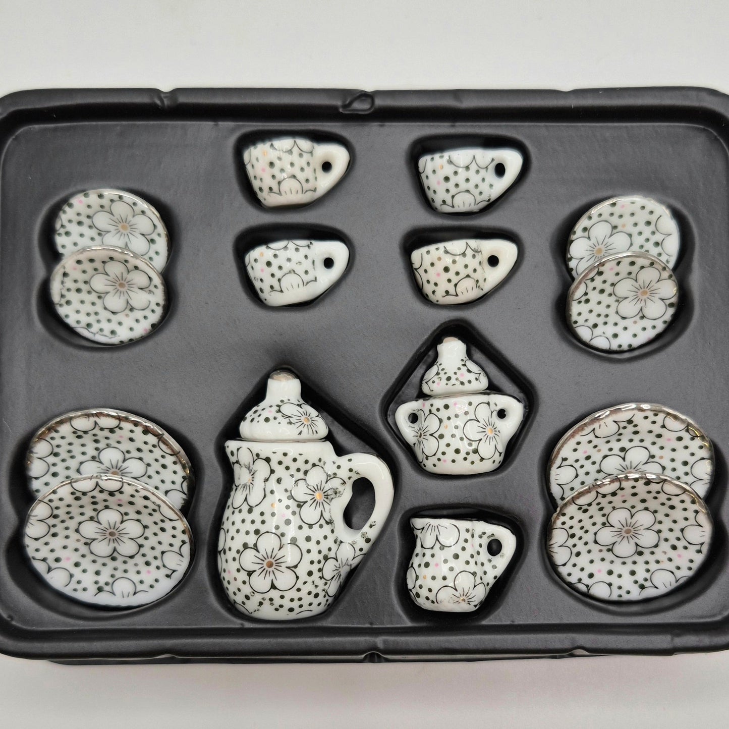 Ceramic Flowers and Polka Dots Tea Set - 17 Pieces - 1/12 Scale Dollhouse Miniature