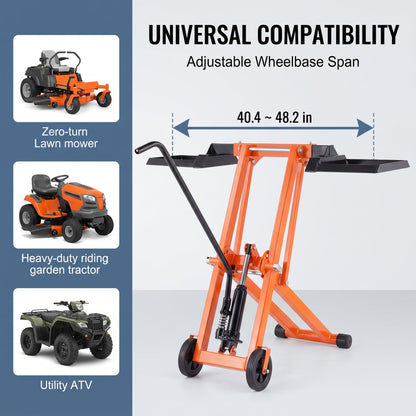 Lawn Mower Lift with Hydraulic Jack, 500 Lbs Weight Capacity, Solid Carbon Steel Lawn Mower Lift, Adjustable Movable Lawn Lifter for Riding Tractors and Zero Turn Lawn Mowers, Orange