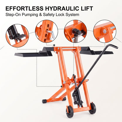 Lawn Mower Lift with Hydraulic Jack, 500 Lbs Weight Capacity, Solid Carbon Steel Lawn Mower Lift, Adjustable Movable Lawn Lifter for Riding Tractors and Zero Turn Lawn Mowers, Orange
