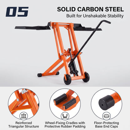 Lawn Mower Lift with Hydraulic Jack, 500 Lbs Weight Capacity, Solid Carbon Steel Lawn Mower Lift, Adjustable Movable Lawn Lifter for Riding Tractors and Zero Turn Lawn Mowers, Orange
