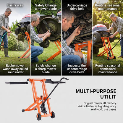 Lawn Mower Lift with Hydraulic Jack, 500 Lbs Weight Capacity, Solid Carbon Steel Lawn Mower Lift, Adjustable Movable Lawn Lifter for Riding Tractors and Zero Turn Lawn Mowers, Orange