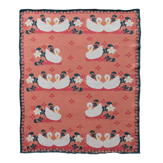Cotton Knit Baby Blanket with Swans & Flowers